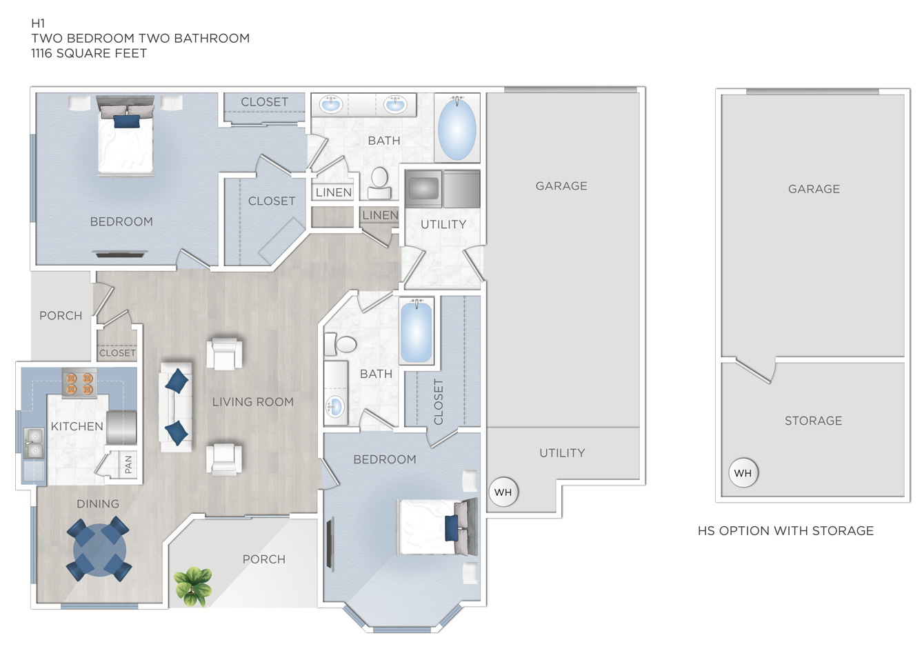 Floor plan for 2 beds, 2 baths, 1116 sqft
